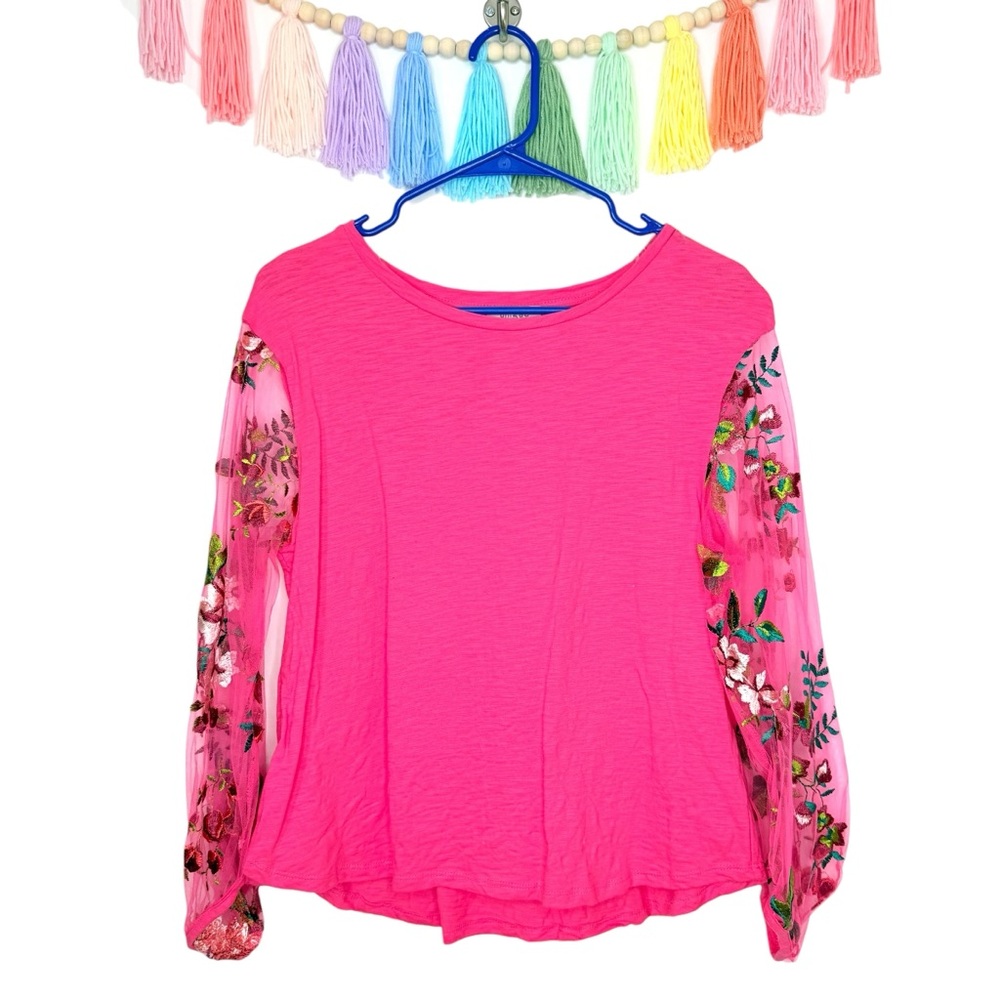 Umgee Vibrant Pink Long Sleeve Top with Embroidered Floral Sheer Sleeves